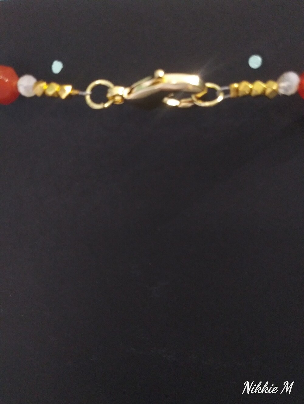 Synthetic Turquoise and Carnelian Beaded Necklace with Gold Double-Ring Pendant - Picture 4 of 4